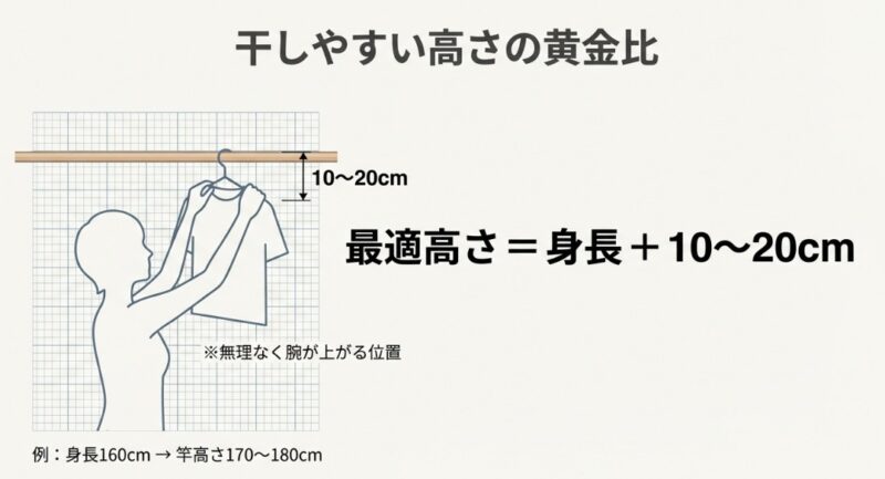 身長に合わせた竿の高さの計算方法(目線+10〜20cm)と、無理のない姿勢で干すための設定目安をまとめた寸法図