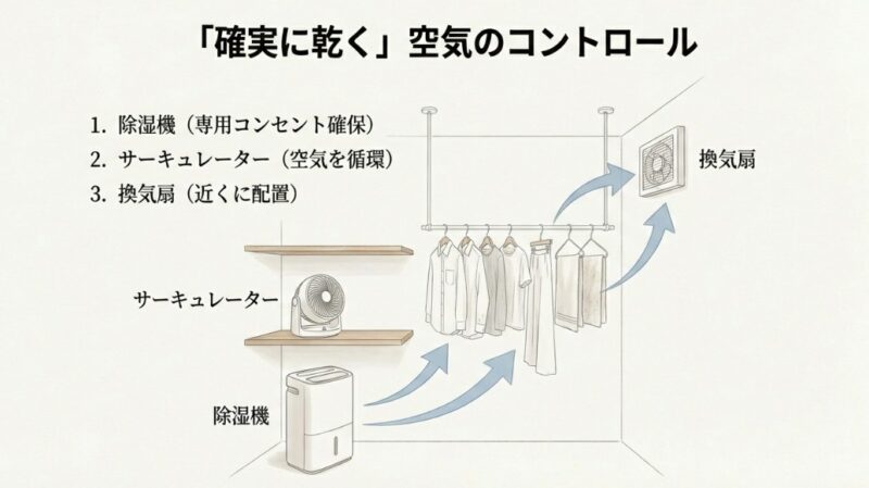 換気扇による排湿、除湿機の配置、サーキュレーターによる空気循環を組み合わせた、生乾き臭を防ぐための乾燥テクニック