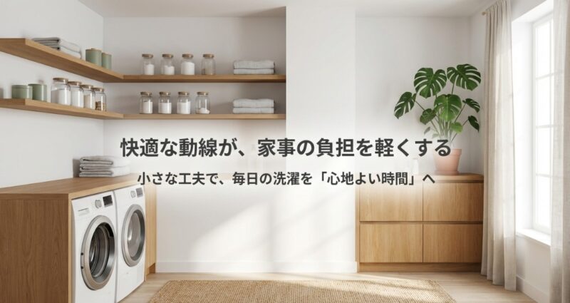 「快適な動線が家事の負担を軽くする」というメッセージ。清潔感のあるランドリールームのイメージ