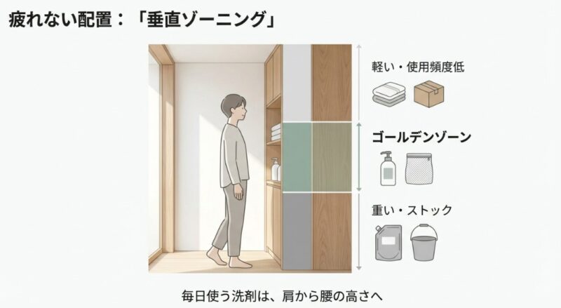 人間工学に基づいた垂直ゾーニングの解説。上段は軽く使用頻度が低いもの、中段（ゴールデンゾーン）は毎日使う洗剤、下段は重いストック品を配置する図解