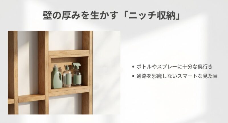 壁の厚みを利用したニッチ収納のイメージ。奥行き8cmから11cmでボトルやスプレーが収まり、通路を邪魔しないスマートな見た目