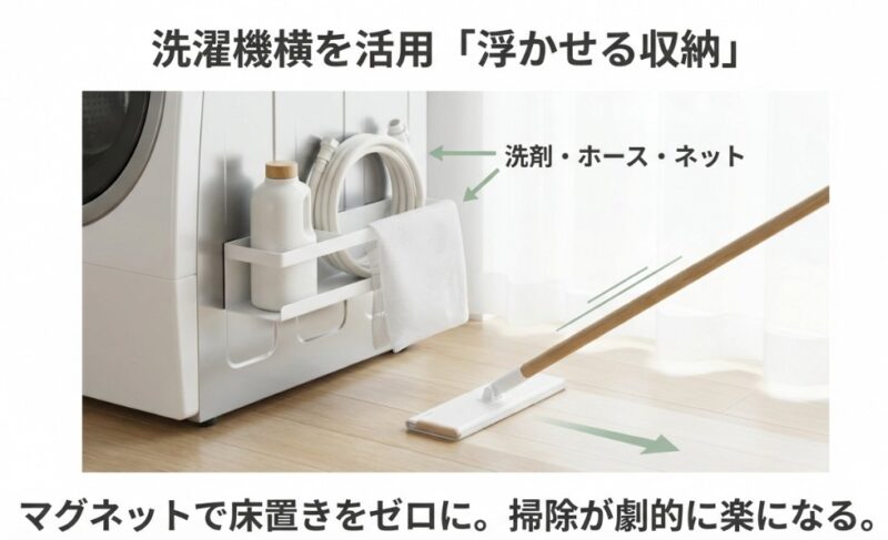 洗濯機の側面にマグネットラックを取り付け、洗剤やホース、ネットを浮かせて収納している様子。床に物を置かないことで掃除が楽になる