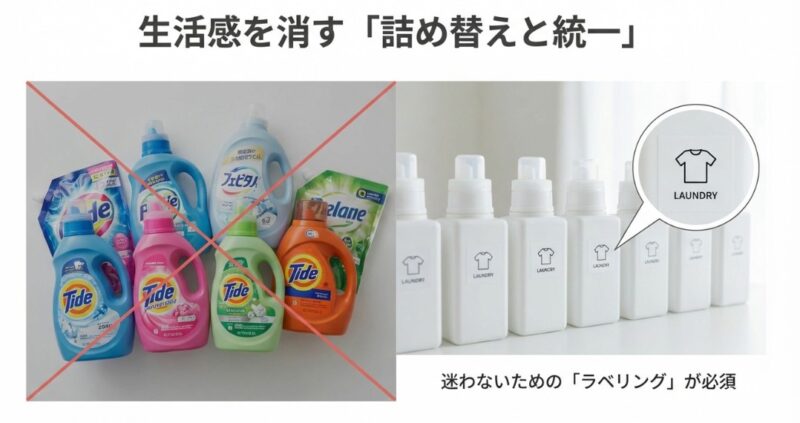 市販の派手なパッケージの洗剤と、白いボトルに統一してラベリングされた洗剤の比較。生活感を消し、家族が迷わないための工夫