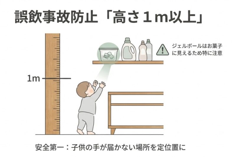 子供の手が届かない1m以上の高さに洗剤を置く安全管理の図解。特にお菓子に見えるジェルボールの保管に注意を促す