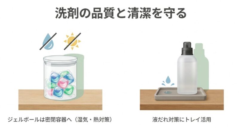 ジェルボールを湿気や熱から守るための密閉容器保管と、ボトルの液だれ汚れを防ぐためのトレイ活用