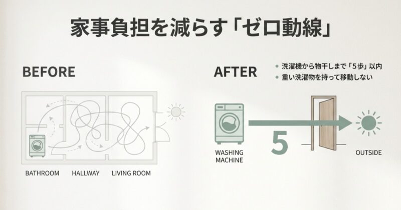 洗濯機から外の物干し場まで「5歩」以内で移動できる理想的な家事動線を、Before/Afterのイラストで比較解説した図