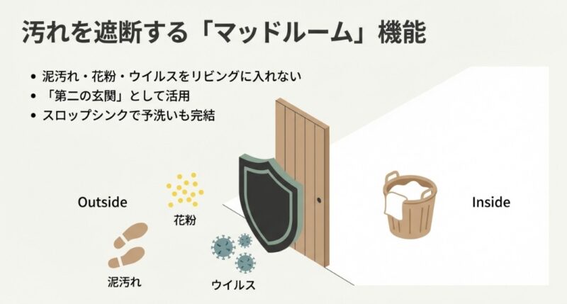 泥汚れ、花粉、ウイルスをドアがシールドとなって防ぎ、清潔な室内環境を保つマッドルーム機能のイメージ図
