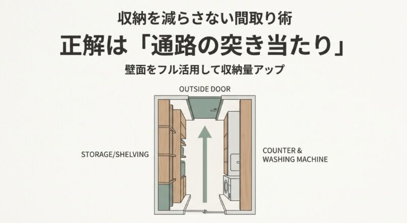 通路の突き当たりに勝手口を配置し、左右の壁面を収納やカウンターとしてフル活用するレイアウトの俯瞰イラスト