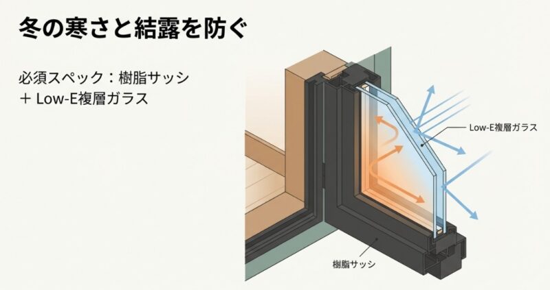 樹脂サッシとLow-E複層ガラスを組み合わせた高断熱仕様の断面図。冬の寒さと結露を防ぐ仕組みの解説