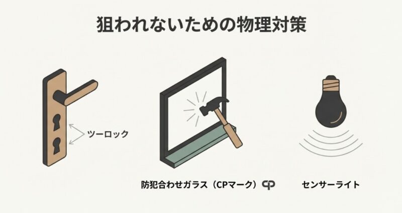 ツーロック（二重鍵）、防犯合わせガラス（CPマーク対応）、およびセンサーライトによる多重の防犯対策を示した図