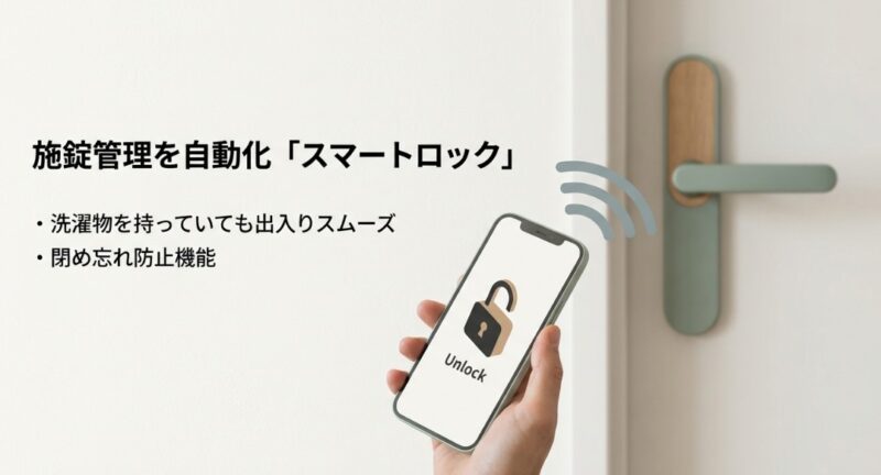 洗濯物を抱えていてもスムーズに出入りでき、閉め忘れも防止できるスマートロック（電子錠）の利便性を解説