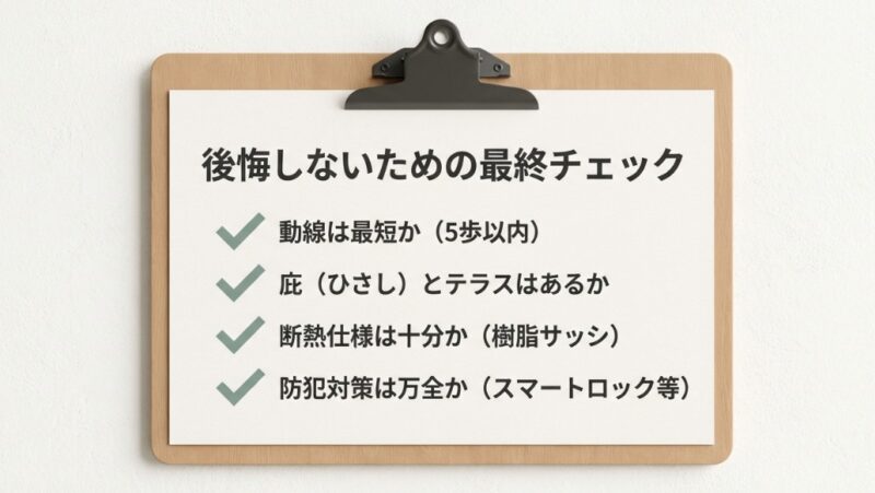 動線、庇、断熱仕様、防犯対策の4項目をまとめた、設置前に確認すべき重要項目の最終チェックリスト