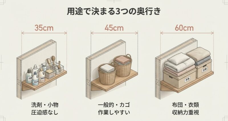 35cm（省スペース）、45cm（標準）、60cm（衣類兼用）の各奥行きで、収納できるアイテムや圧迫感の違いを比較