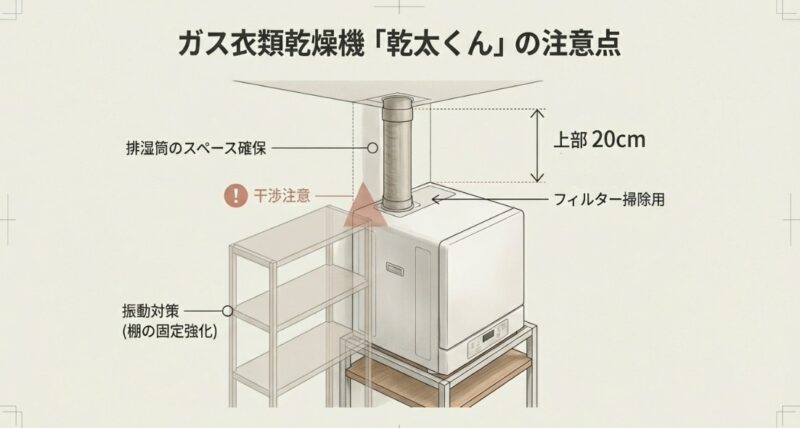 乾太くんの排湿筒を避ける棚の配置と、フィルター掃除に必要な上部20cmの隙間を説明