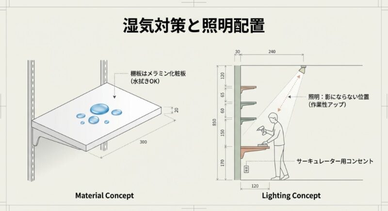 耐水性の高いメラミン化粧板の採用と棚の影にならない照明の位置