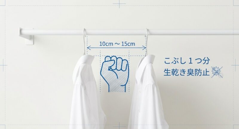 洗濯物同士が重ならないよう、こぶし一つ分（10cm〜15cm）の隙間を空けて空気の通り道を作るポイント