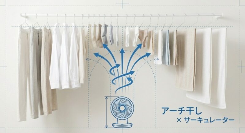 両端に長い衣類、中央に短い衣類を干す「アーチ干し」と、真下からのサーキュレーター送風による乾燥促進の仕組み