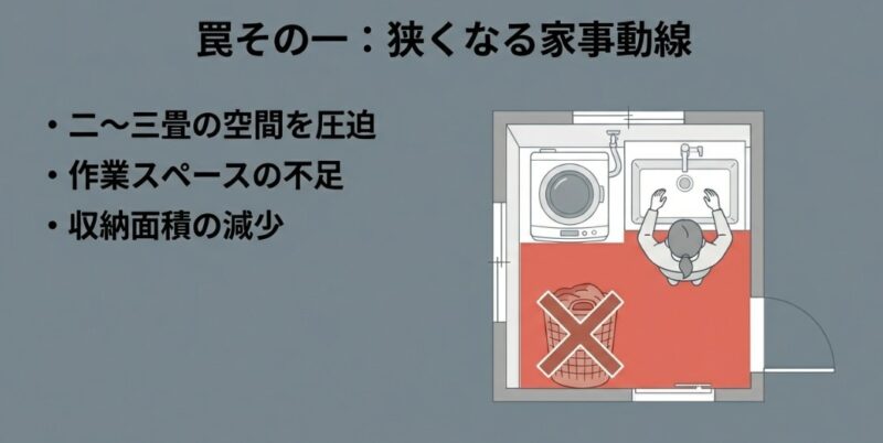 スロップシンク設置による床面積の減少と、作業スペース確保による家事動線の悪化を示す