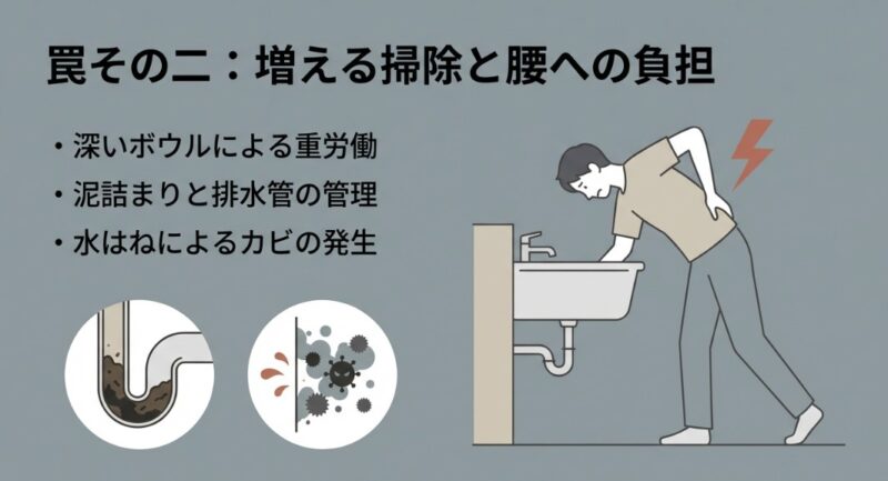 深いシンクの掃除による腰への負担と、泥や繊維による排水口の管理リスクの解説