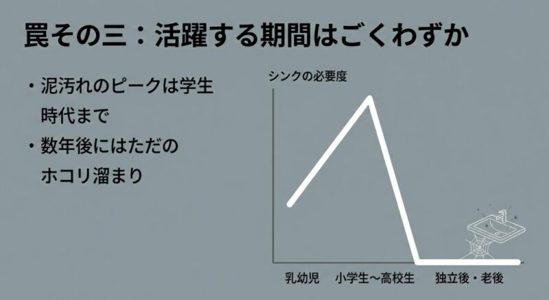 乳幼児期から老後までの家族の成長に合わせたスロップシンク重要度の変化グラフ