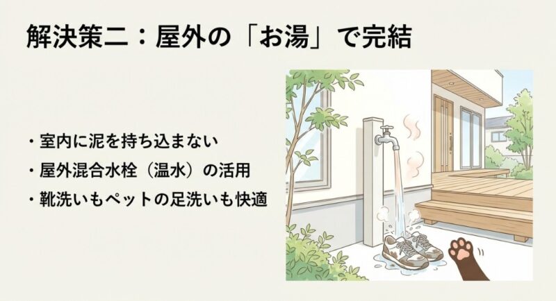 庭や玄関先にお湯が出る水栓を設置し、靴やペットの足を外で洗うメリットの解説