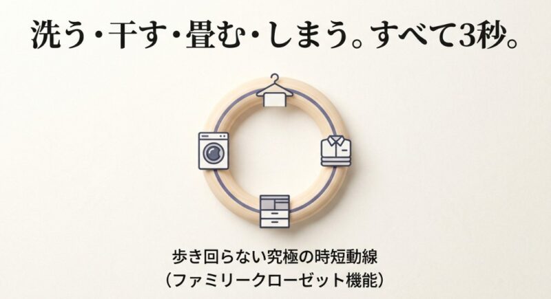 洗濯機、物干しバー、作業台、収納をコンパクトに配置し、移動距離を最小限に抑えた効率的な家事動線の図解