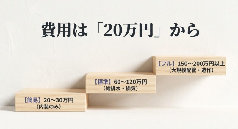 簡易リフォーム（20〜30万円）、標準リフォーム（60〜120万円）、フルリフォーム（150〜200万円以上）の3段階に分けた費用相場と工事内容の比較表