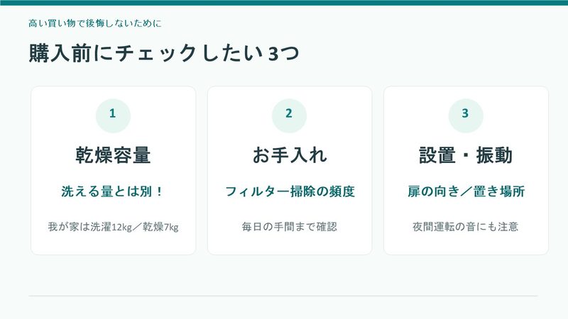 ドラム式洗濯乾燥機の購入前に確認したい乾燥容量、フィルターのお手入れ、設置スペースと振動対策。