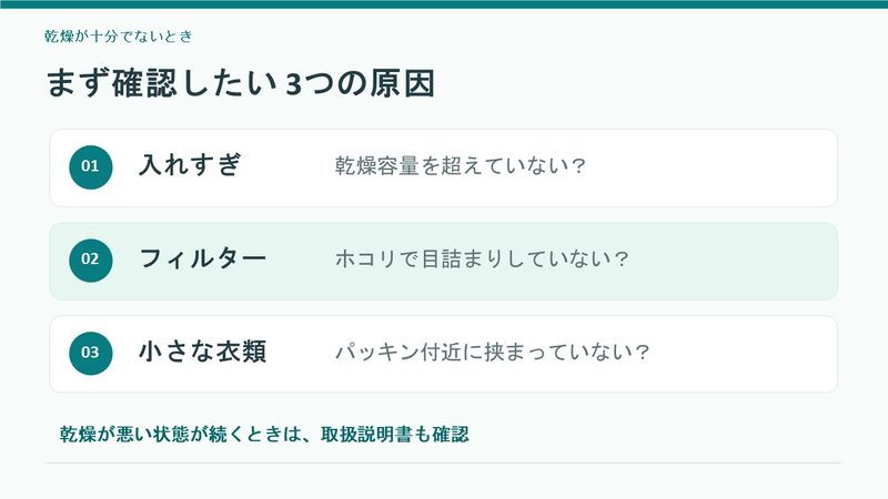 洗濯物の入れすぎ、乾燥フィルターの目詰まり、小さな衣類の挟まりなど、乾燥が不十分なときの確認ポイント。